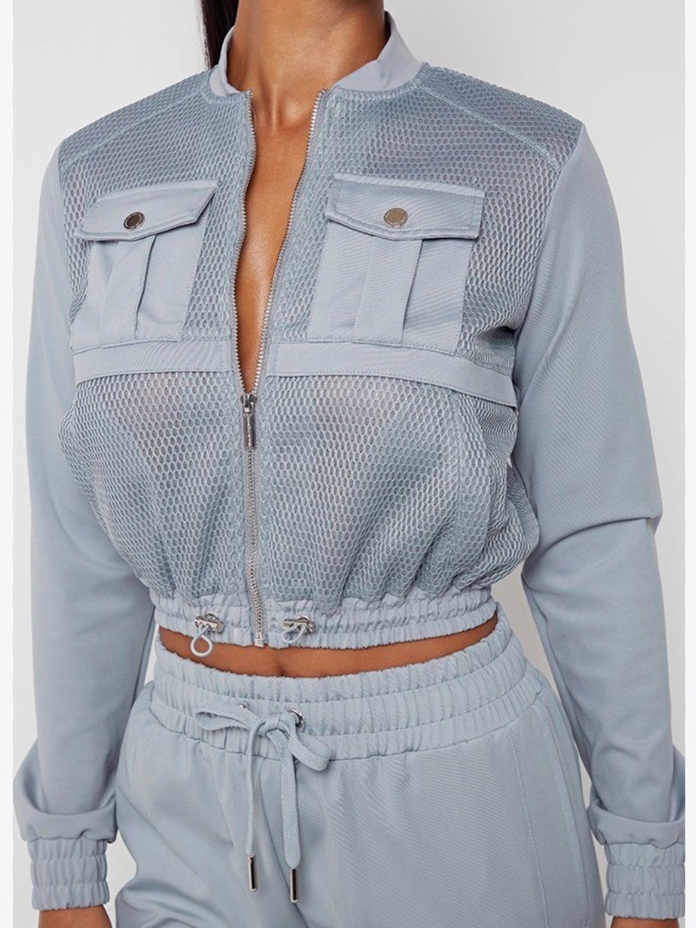 Manière De Voir Grey Mesh Utility Cropped Bomber Jacket Size 12 (US 8)